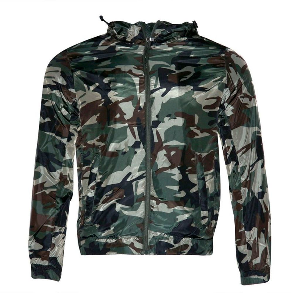 Mens Windbreaker Jacket Polyester Side Pockets Hoodie Mesh Lining Green